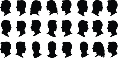 Silhouette profile heads of men and women collection, side view human face vector illustration, black portrait icons, identity concept, diverse people design