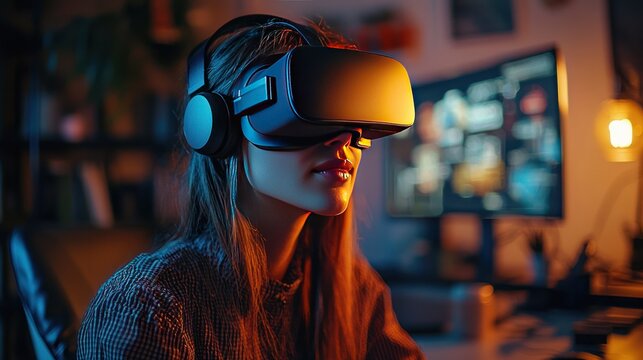 Woman wea virtual reality headset with headphones experiencing immersive digital environment in modern gaming setup with glowing screens and ambient lighting