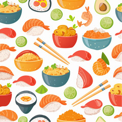 Seamless pattern of various types of sushi and japanese cuisine