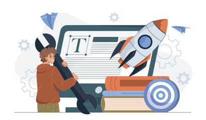 A young person holding a large wrench in front of a screen with text, rocket, books, and target icons, flat cartoon style on white background. Concept of startup tools. Vector illustration