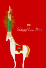 正月素材：門松のヘッドドレスで着飾った白馬の楽しい年賀状素材（午年）