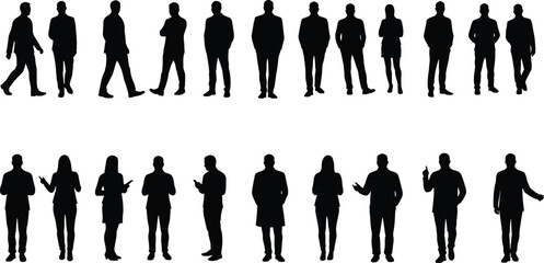 Silhouettes of business people standing and talking, men and women in formal office wear, professional teamwork and communication vector illustration design