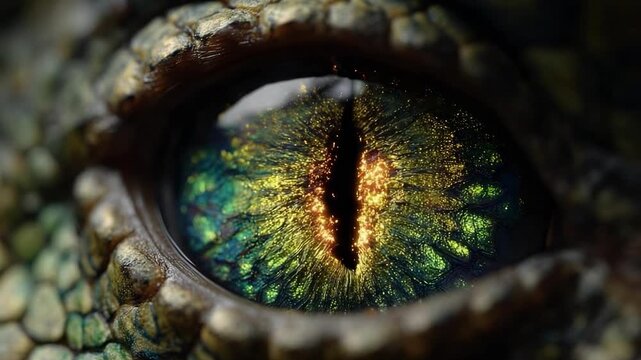 Close-up of a reptile eye with a vertical slit pupil and an iridescent green-gold iris, surrounded by rough scales.
