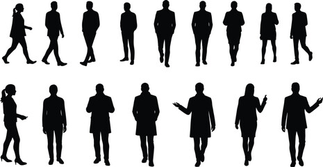 Fototapeta premium Silhouettes of business people walking and talking, men and women in formal wear, professional communication and teamwork vector illustration design