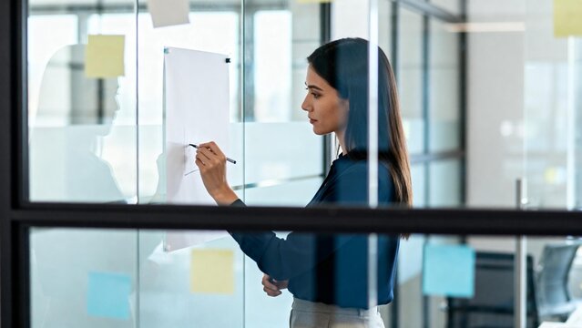 Businesswoman writing ideas on a clear glass board in a bright modern office space
