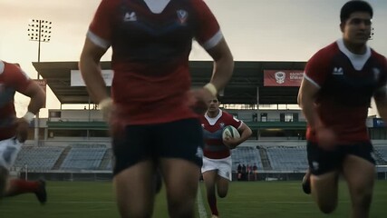 Rugby Players In Uniform Running On Field During Sunset With Stadium Background - Powered by Adobe
