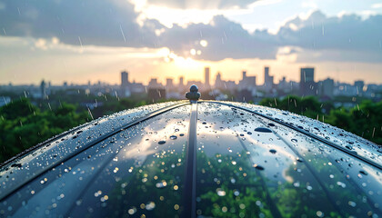 Urban Panorama Under Rainfall: A captivating cityscape panorama, viewed through a rain-streaked dome, is embraced by a sunlit sky during a downpour, merging architectural and natural wonders.