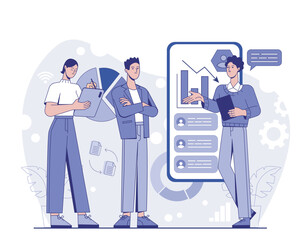 Three business professionals discussing analytics with charts and infographics on a digital screen, modern flat style on abstract background. Concept of teamwork. Vector illustration