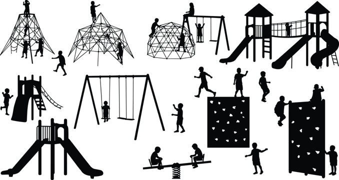Silhouettes of children playing on playground equipment, swings, slides, climbing walls, and jungle gyms, outdoor activity illustration, kids recreation concept design