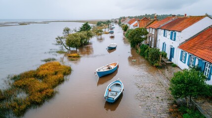Scenic View of a Flooded Coastal Village with Boats on a Tranquil Waterway Surrounded by Vibrant Nature and Historic Architecture