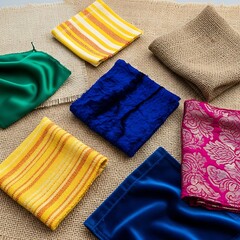 Colorful Assortment of Fabric Squares on Textured Surface.