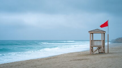 A Solemn Lifeguard Tower Overlooking the Rough Seas and Distant Stormy Skies on a Beautifully Serene Beach Environment