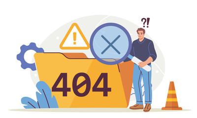 Cartoon-style man looking confused at a large 404 folder with warning symbols and magnifying glass on abstract background. Concept of website error. Vector illustration