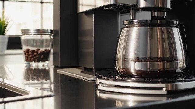 Close-up video shot of a modern coffee maker on a kitchen counter, highlighting its sleek design and stainless steel finish from a low angle.