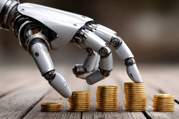 Robot hand stacking coins for financial growth