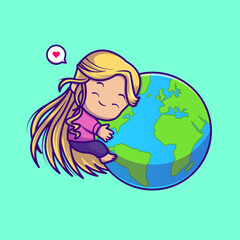 Cute Girl Hug Earth World Globe Cartoon 