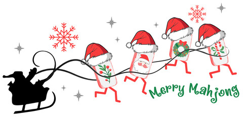 Cute Mahjong tiles wearing Santa hats pulling a sleigh with Christmas gifts and snowflakes. Fun festive design with text &ldquo;Merry Mahjong,&rdquo; perfect for holiday cards, shirts, and decorations.