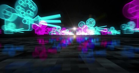 Cinema movie film streaming symbol abstract cyber concept. Digital technology and computer background seamless and looped 3d animation. - Powered by Adobe