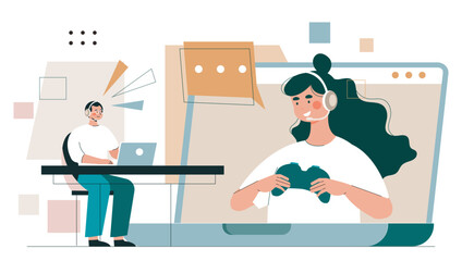 Two people communicating online, one working on a laptop and the other gaming with a headset, in flat graphic style on white background. Concept of remote interaction. Vector illustration