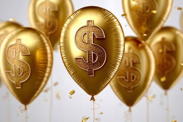 Golden balloons featuring dollar signs and falling confetti