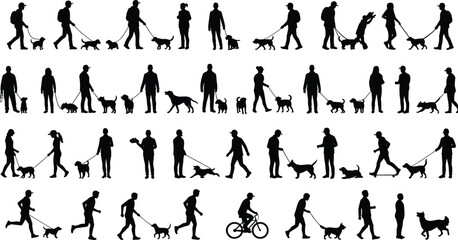 Silhouettes of people walking dogs, running, cycling, pet owners outdoor activity, human and animal interaction, dog walking lifestyle vector illustration set