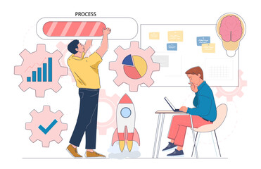 Two men collaborating on a business development process, surrounded by gears, graphs, and rocket icon, on white background. Concept of teamwork and productivity. Vector illustration