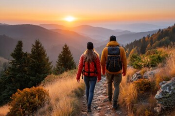 Couple hiking mountain trail at golden hour sunset