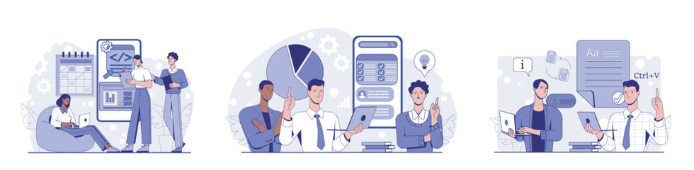Business people collaborating on coding, data analysis, and content creation with charts and UI elements in flat cartoon style on white background. Vector illustration