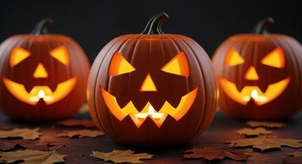 Three carved halloween pumpkins with glowing faces on a dark background