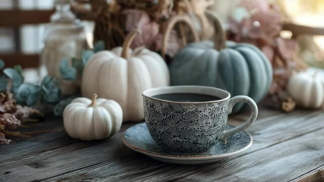 A patterned teacup on a saucer sits on a wooden table, surrounded by white and blue pumpkins and autumn decor.