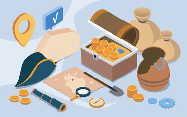 Pirate-themed scene featuring a treasure chest with gold coins, a map, pirate hat, and various adventure tools in flat cartoon style on a light background. Vector illustration