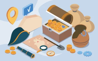 Poster Piraten Pirate-themed scene featuring a treasure chest with gold coins, a map, pirate hat, and various adventure tools in flat cartoon style on a light background. Vector illustration  © 100% HAND-CRAFTED