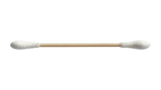 A single, clean, white, double sided cotton swab or bud for personal hygiene. Isolated on white background