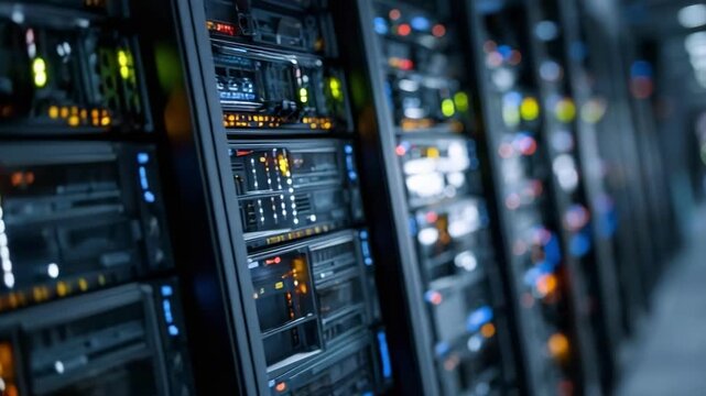 Rows of server racks in a data center, with illuminated LEDs and blinking indicators on network and storage equipment.