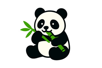 Cute cartoon panda bear eating bamboo stalk with green leaves