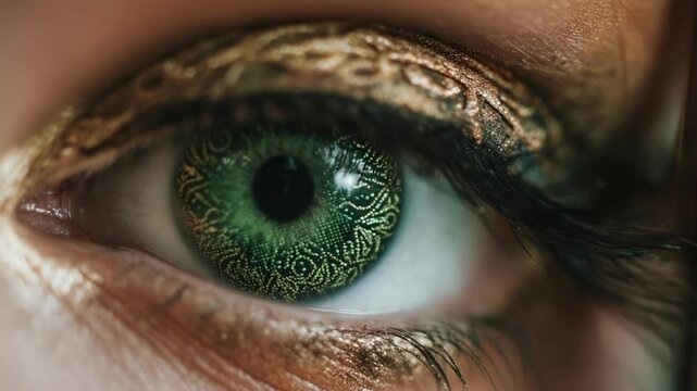Close-up of a green eye with a highly detailed, swirled iris pattern and surrounding lashes.