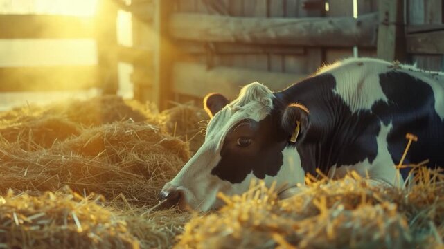Video A black and white cow lying down in a pile of farm hay