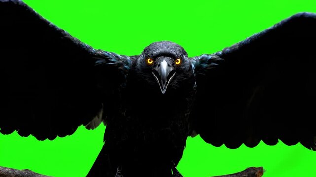 A large, ominous fantasy raven with glowing eyes cawing and flapping, isolated on a green screen crow, perching, fantasy element