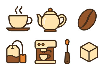 Hot beverage icons set for coffee and tea preparation elements