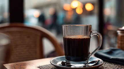 glass of black coffee in cafe,