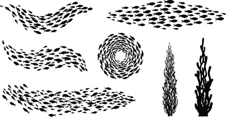Underwater school of fish swimming in spiral and wave formations with seaweed silhouettes, marine life black pattern design, ocean wildlife illustration background © Md