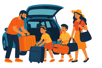 Family loading luggage into open car trunk for summer vacation © Alan