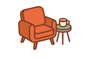 Comfortable orange armchair with small table and hot beverage
