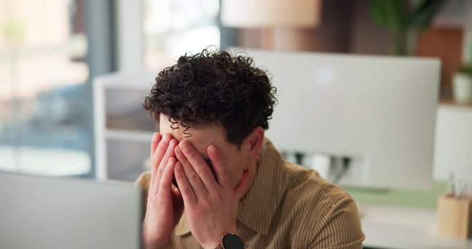 Man, glasses and computer in office with eye strain, headache and article submission pressure. Journalist, tech or stress in agency with pain, CVS symptoms and tension from overexposure to blue light