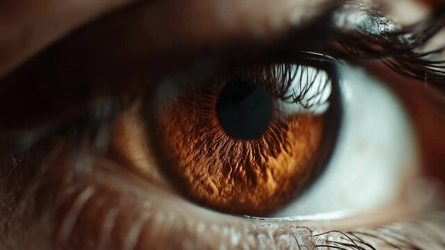 Close-up of a brown eye with a detailed amber iris, dark pupil, and surrounding eyelashes.