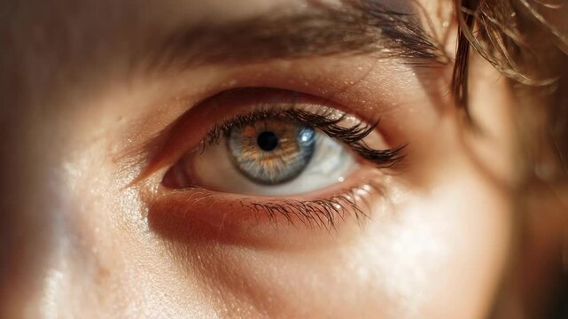 Close-up of a blue eye with a finger lifting the lower eyelid.
