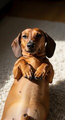 Dachshund basking in sunlight on a fluffy rug.