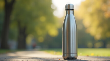A sleek metallic reusable water bottle stands on a textured path in a sunlit park, with blurred green and yellow foliage in the background.