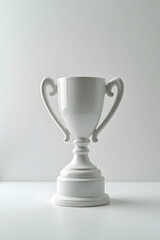A pristine white trophy stands on a clean, light background, symbolizing achievement and success with minimalist elegance.