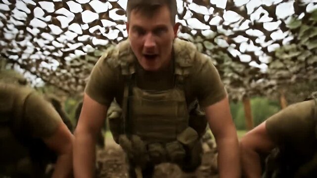Soldiers Crawling Under Camouflage Netting During Obstacle Course Training - Powered by Adobe